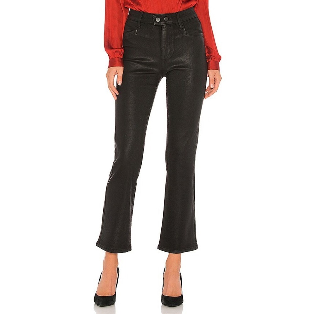 Paige Claudine Ankle Flare Jean Sz 27 Black Fog Luxe Coated High Rise Chic Sexy